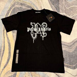 Palm Angels White Grafitti PA Los Angeles Logo Black T-Shirt Size Large